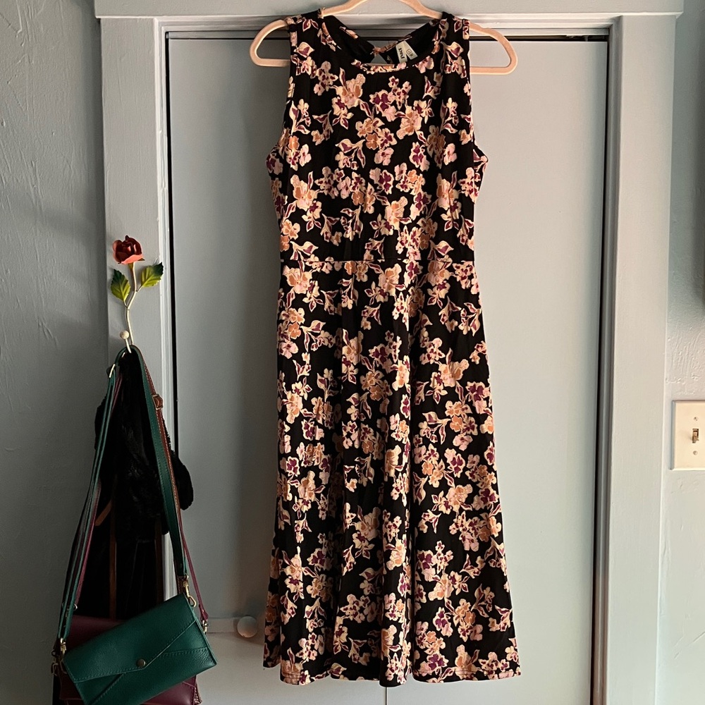 Pact Black Scattered Floral Cotton Midi Dress Pockets! L